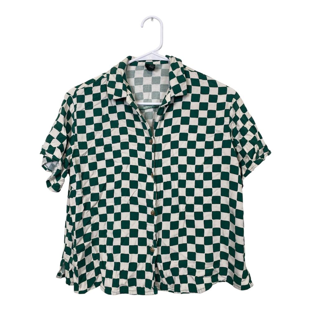 Wild Fable Women Green Checkered Boxy Button Up Shirt Size XS